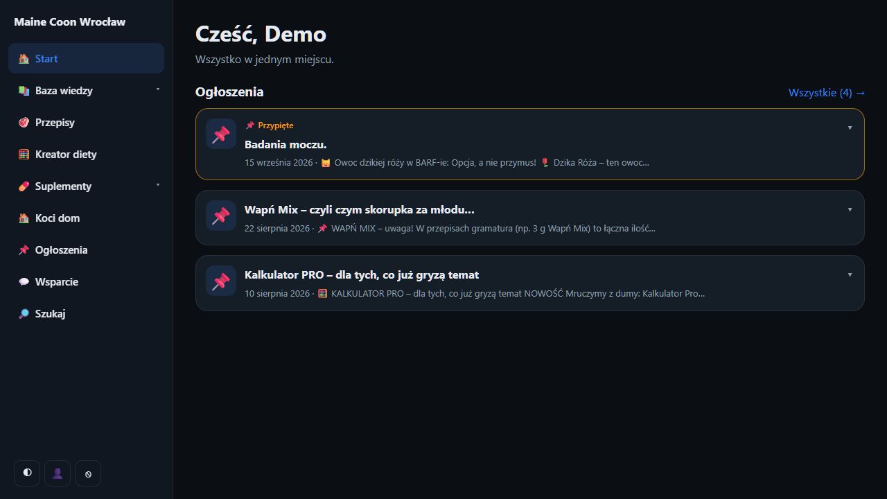 Ekran aplikacji BARF Maine Coon Wrocław z menu przepisów, suplementów i ogłoszeń na fikcyjnym koncie Demo